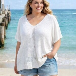 Croft & Barrow Womens Sweater 3X White V-Neck Short Sleeve Pointelle Knit